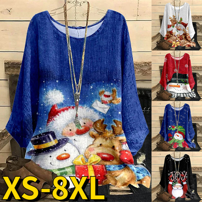 Snowman Printing Long Sleeve Round Neck Retro Christmas Pullover Casual Loose Tops