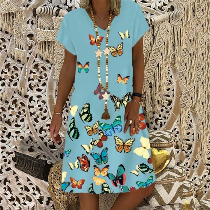Fashion Loose Elegant V Neck Short Sleeve Butterfly Print Shift Casual Dress