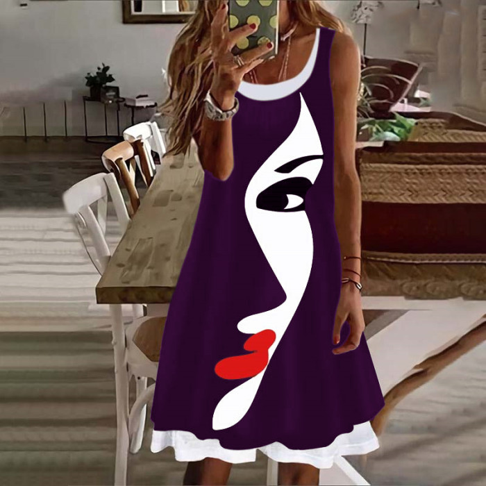 Women Sleeveless Casual Portrait Abstract Print Knee Length Dress
