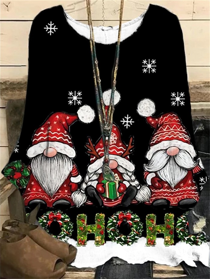 Christmas Fashion Long Sleeve Casual Pullover Snowman Printing Round Neck Loose T-shirt