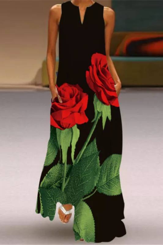 Elegant Casual Sleeveless Rose Print Maxi Dress