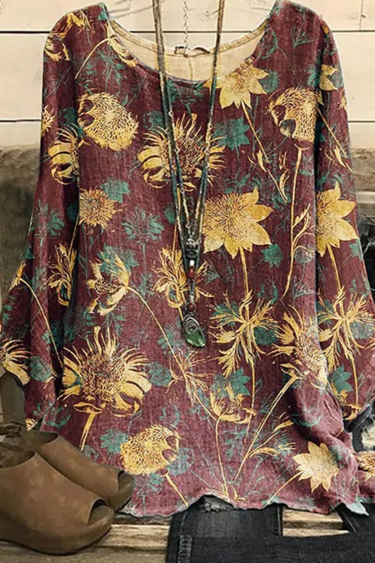 Women Fashion Round Neck Loose Elegant Tops Flower Printing Tee Shirt