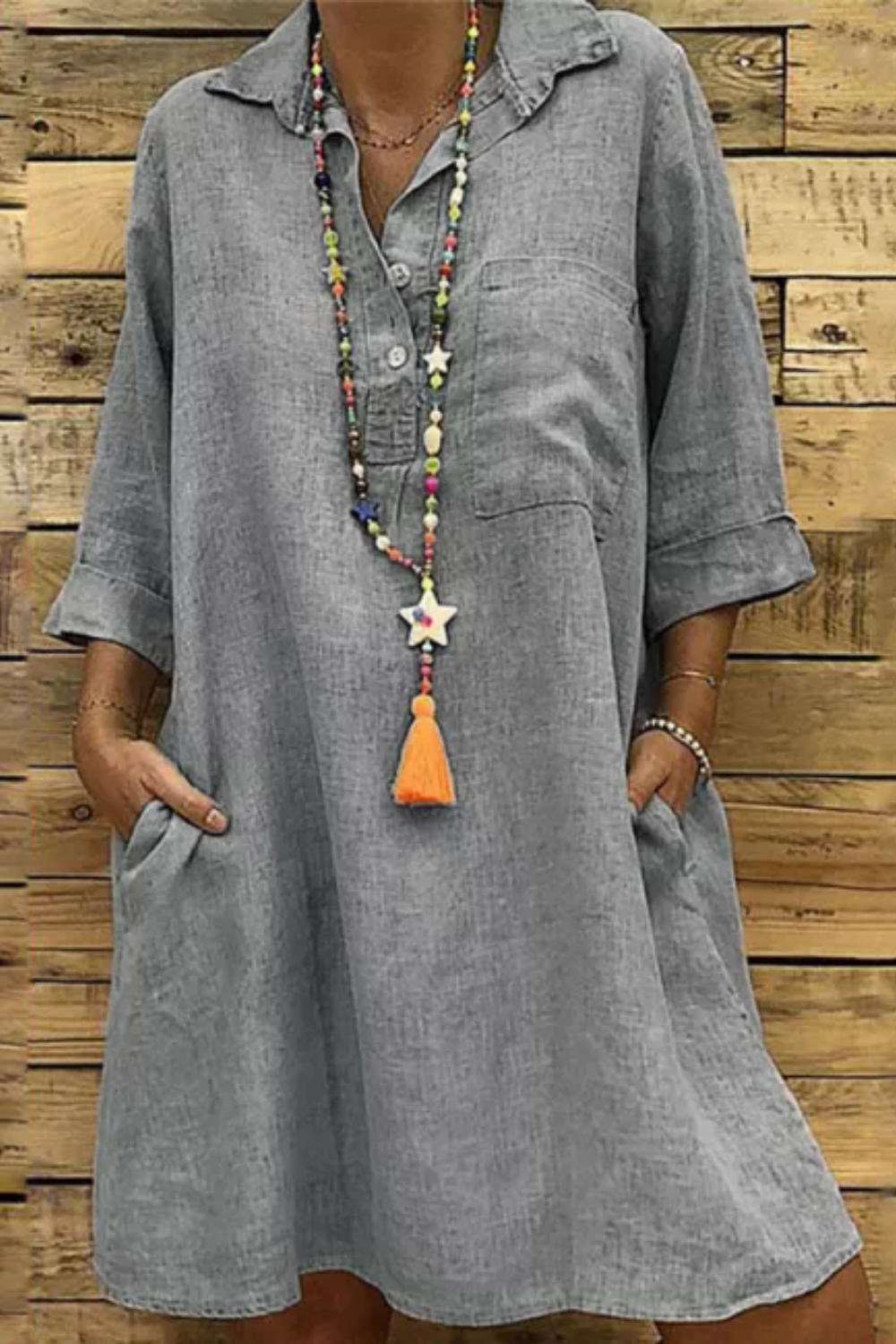 Vintage Pocketed Shirt Midi Dress