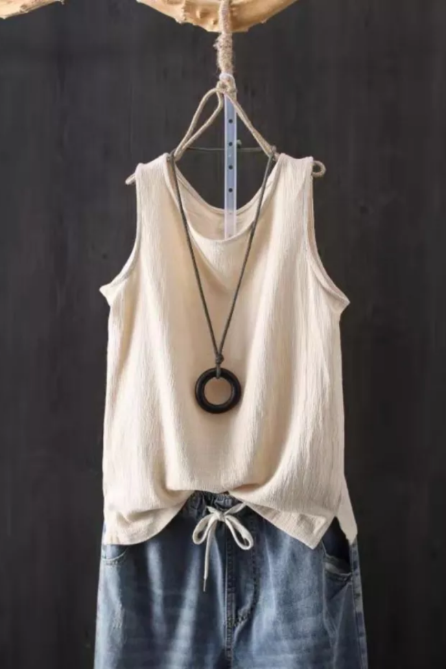 Cotton Line Solid Color Loose Vest Shirt Sleeveless V Neck Tanks Camis