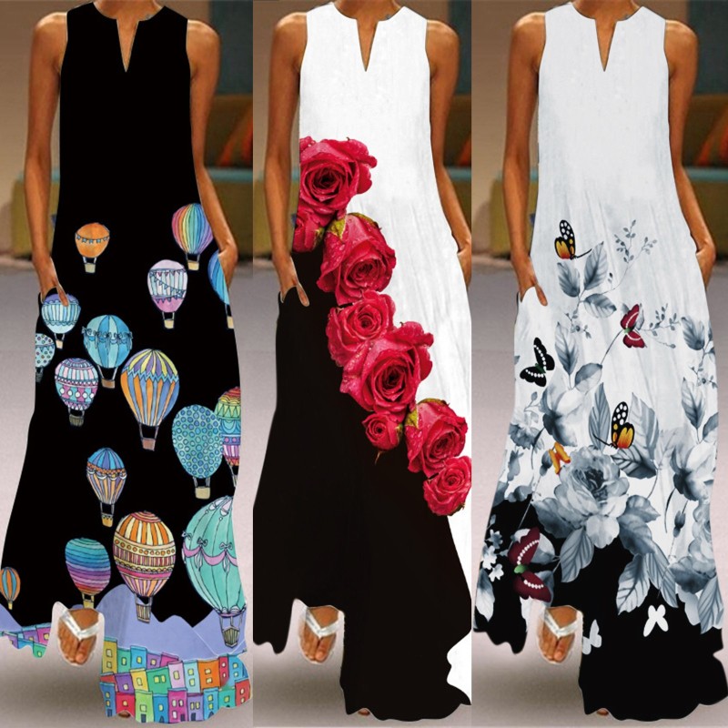 Fashion Floral Print Sleeveless V-Neck Maxi Dress