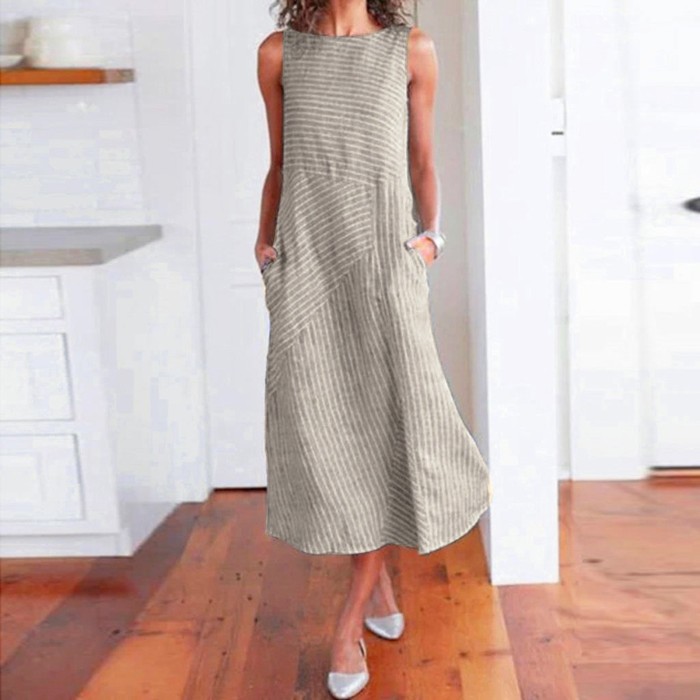 Women Casual Striped Print Sleeveless Dress