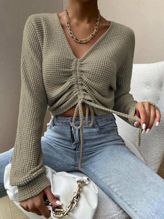 Knitwear V-neck Drawcord Solid Color Sexy Sweater