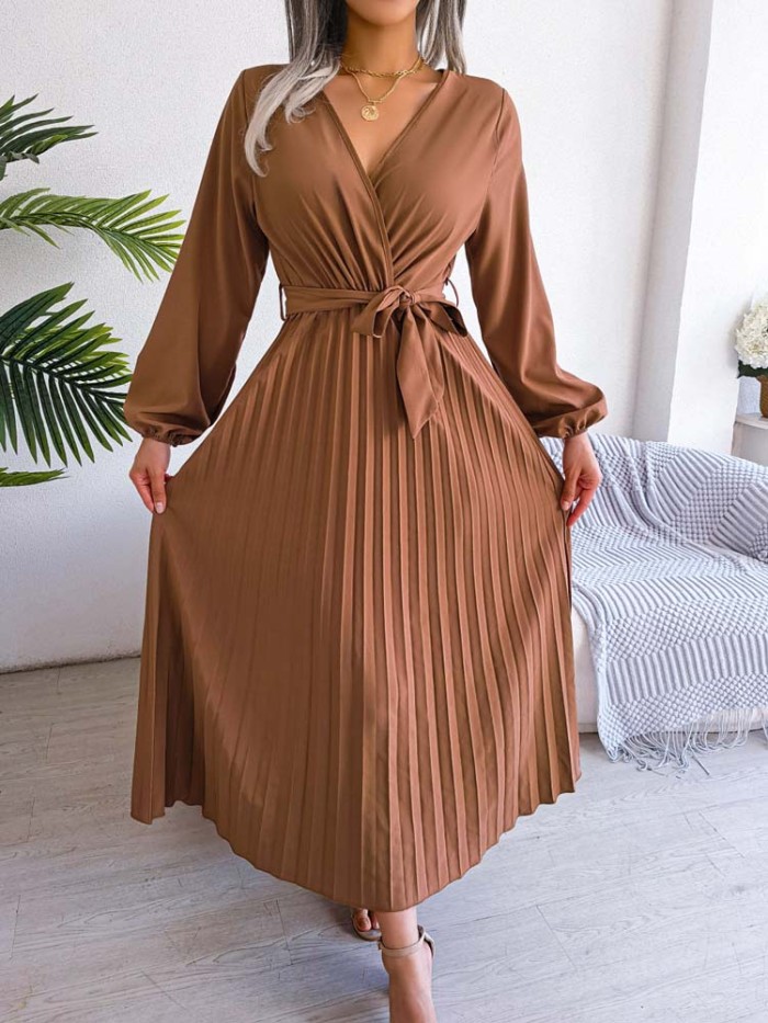Elegant Spring Pleated Long Sleeve V Neck Maxi Dress