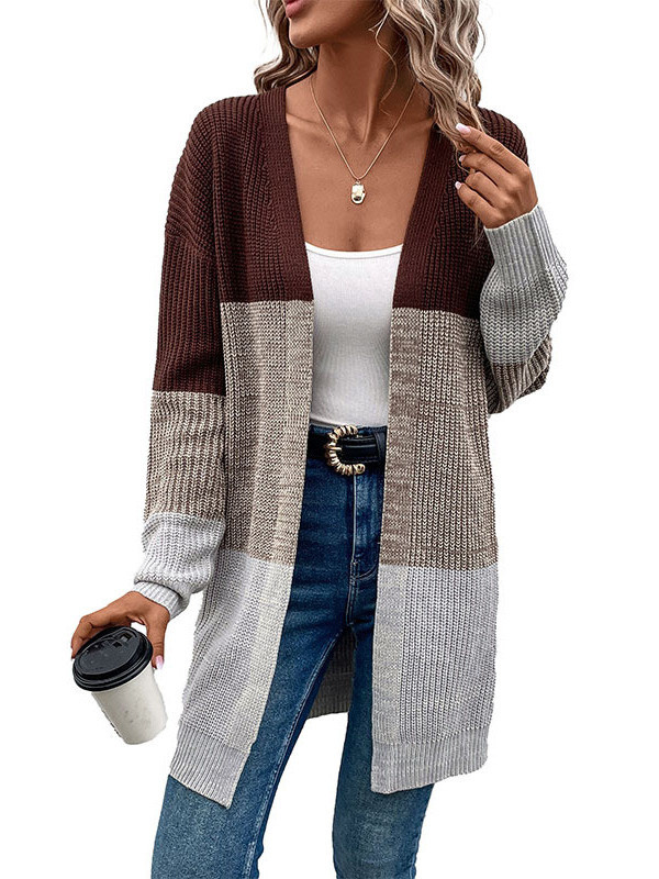 Women's Fashion Long Sleeve Contrasting Color Long Sweater Cardigan