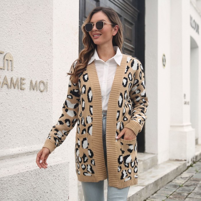 Trendy Leopard Jacquard Pocket Long Knit Loose Cardigan