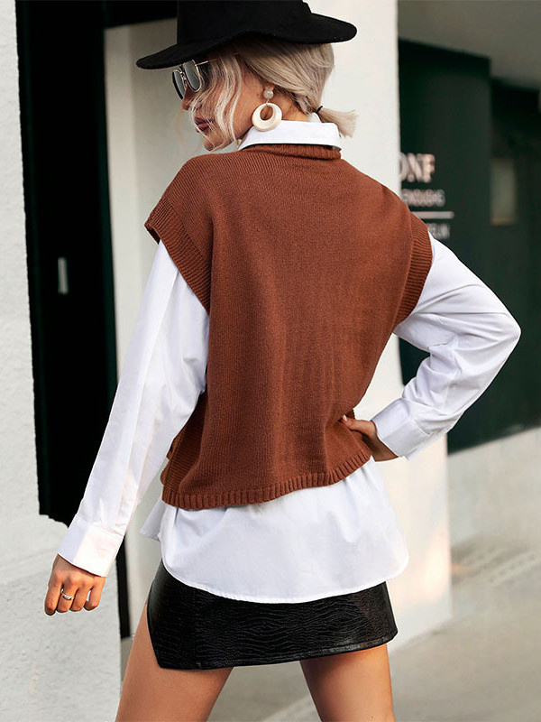 Knitted Short Sleeve Solid Color Sweater Vest