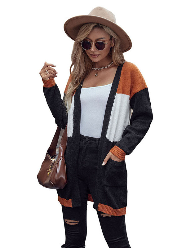 Women's Knitted Long Sleeve Colorblock Sweater Long Cardigan