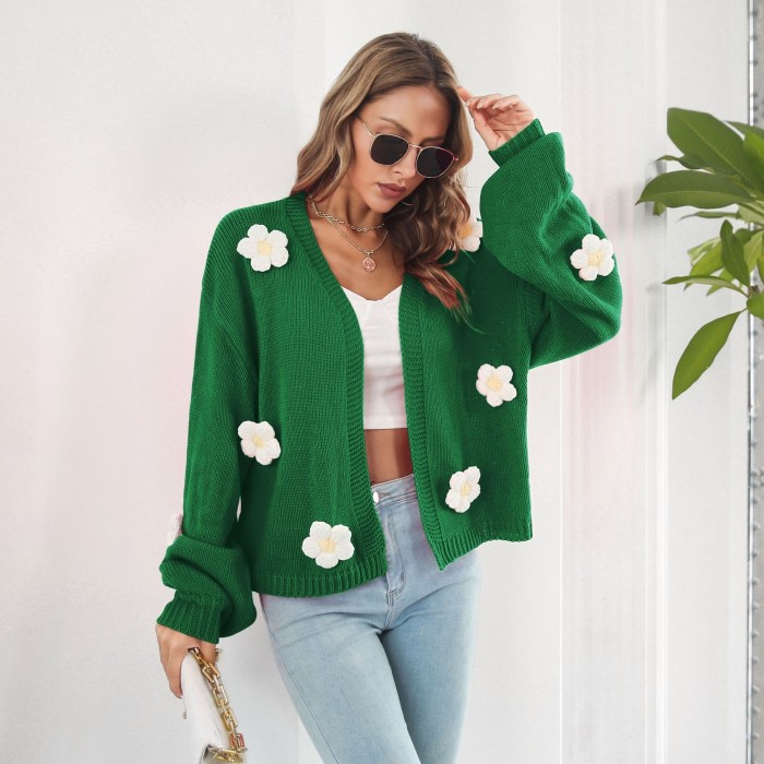 Embroidery Knitted Flower Lantern Sleeve Loose Knitted Sweater Cardigan