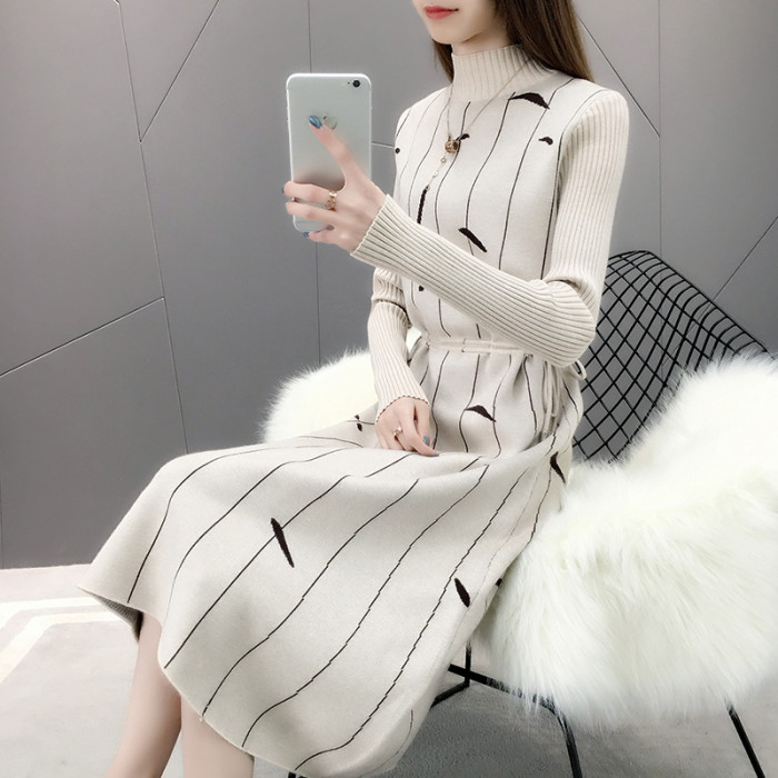 Fashion Knitted Pullovers Half Turtleneck Long Sleeve Sweater Dress