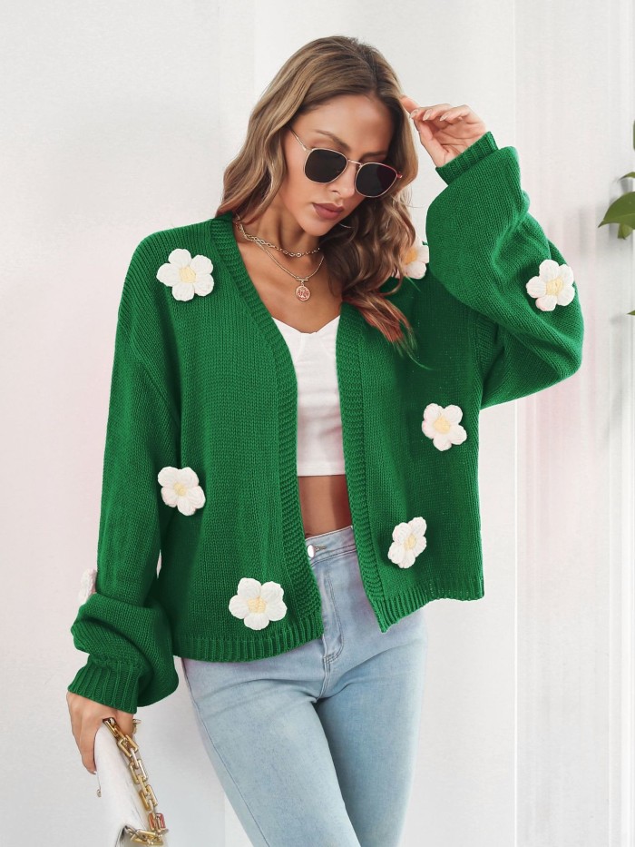 Embroidery Knitted Flower Lantern Sleeve Loose Knitted Sweater Cardigan