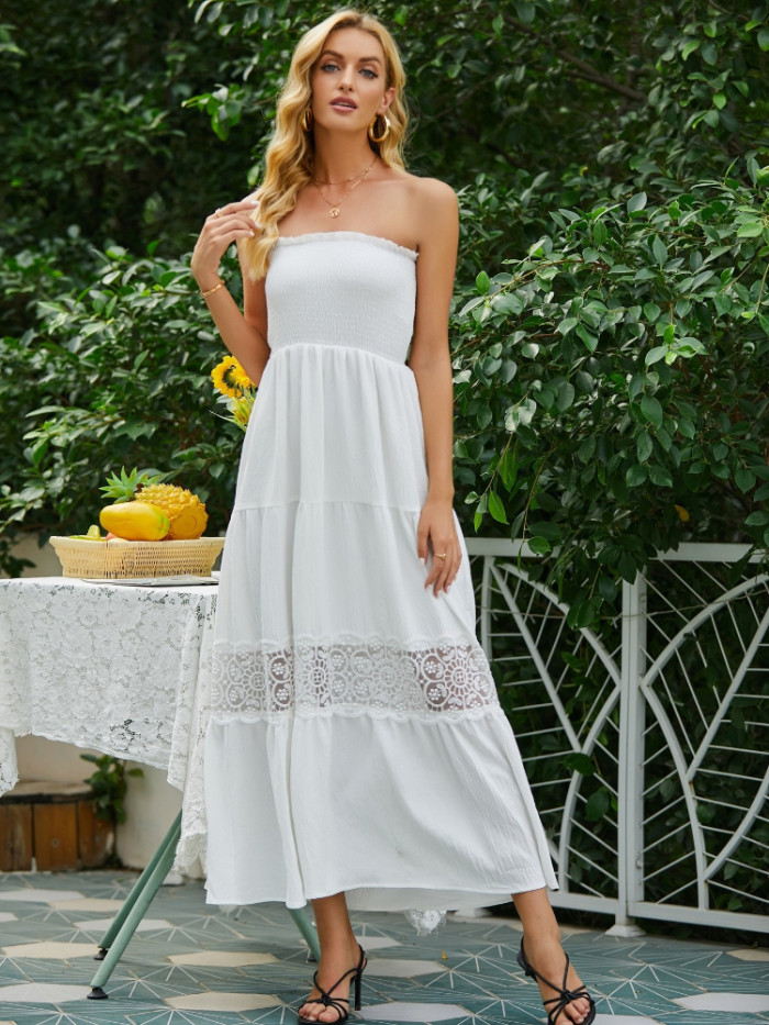 Lace Cut Out Sleeveless Elegant Solid Color Off Shoulder White Maxi Dress