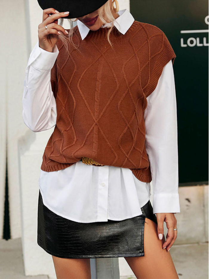Knitted Short Sleeve Solid Color Sweater Vest