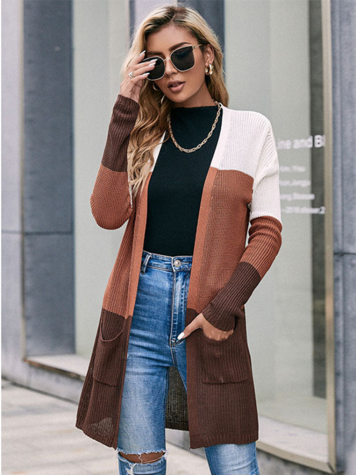 Knit Long Sleeve Color Block Cardigan Sweater
