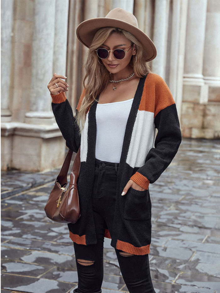 Women's Knitted Long Sleeve Colorblock Sweater Long Cardigan