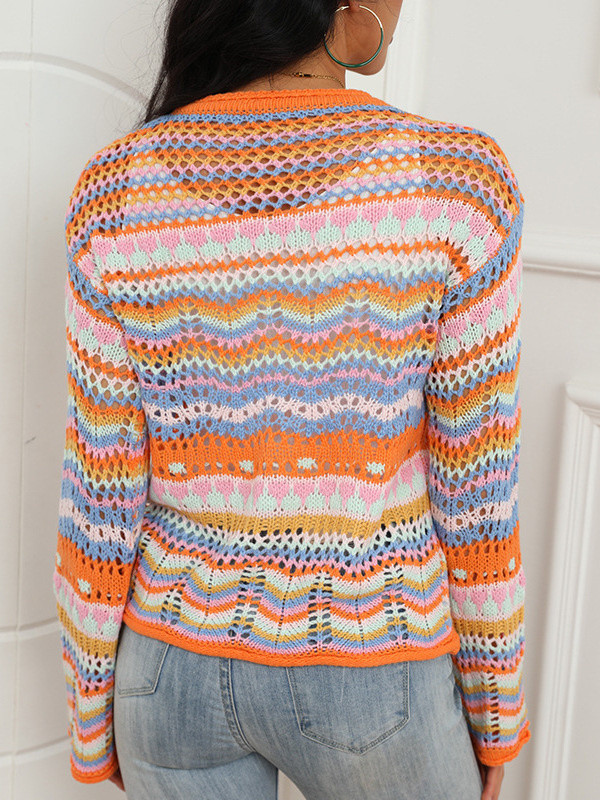 Fashion Knitwear Striped Rainbow Stitching Hollow Sweater Cardigan Jacket