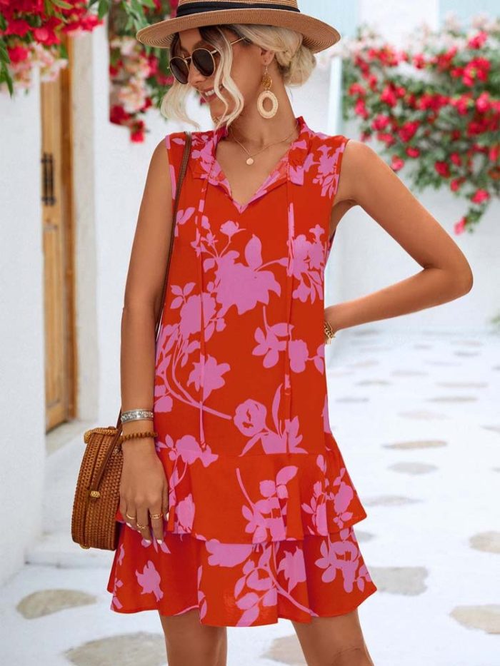 Trendy Floral Print Party Sleeveless Ruffle Boho Mini Dress