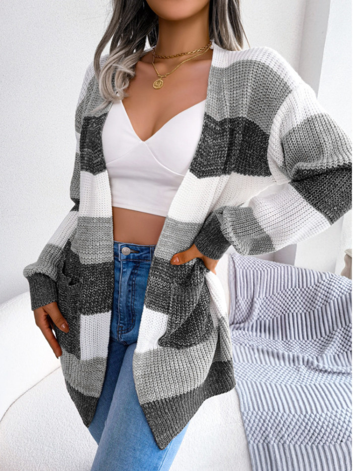 Casual Knitted Color Contrast Striped Lantern Sleeve Cardigan Sweater Coat
