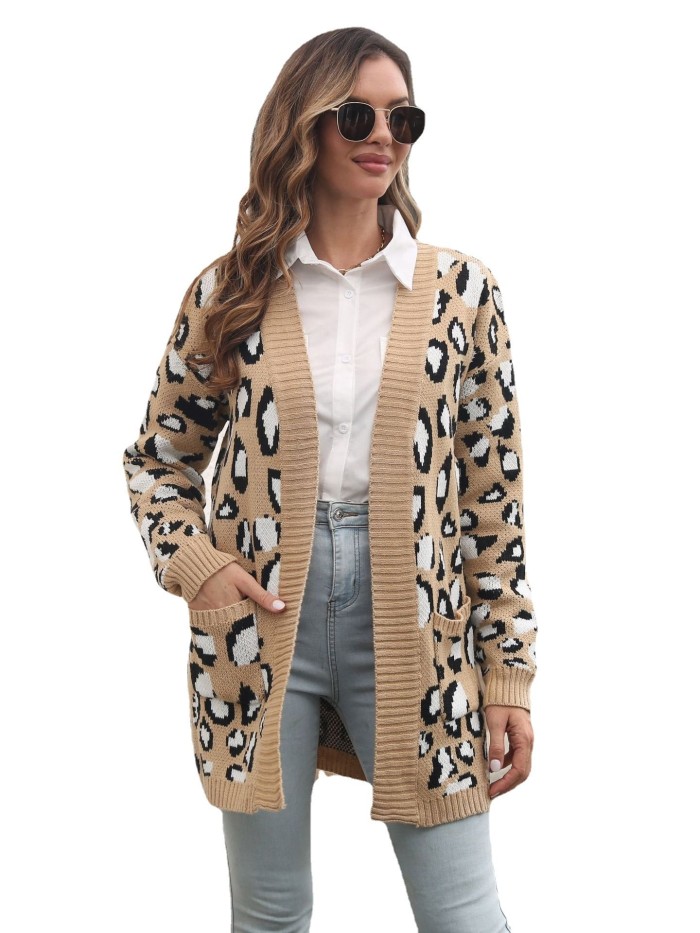 Trendy Leopard Jacquard Pocket Long Knit Loose Cardigan
