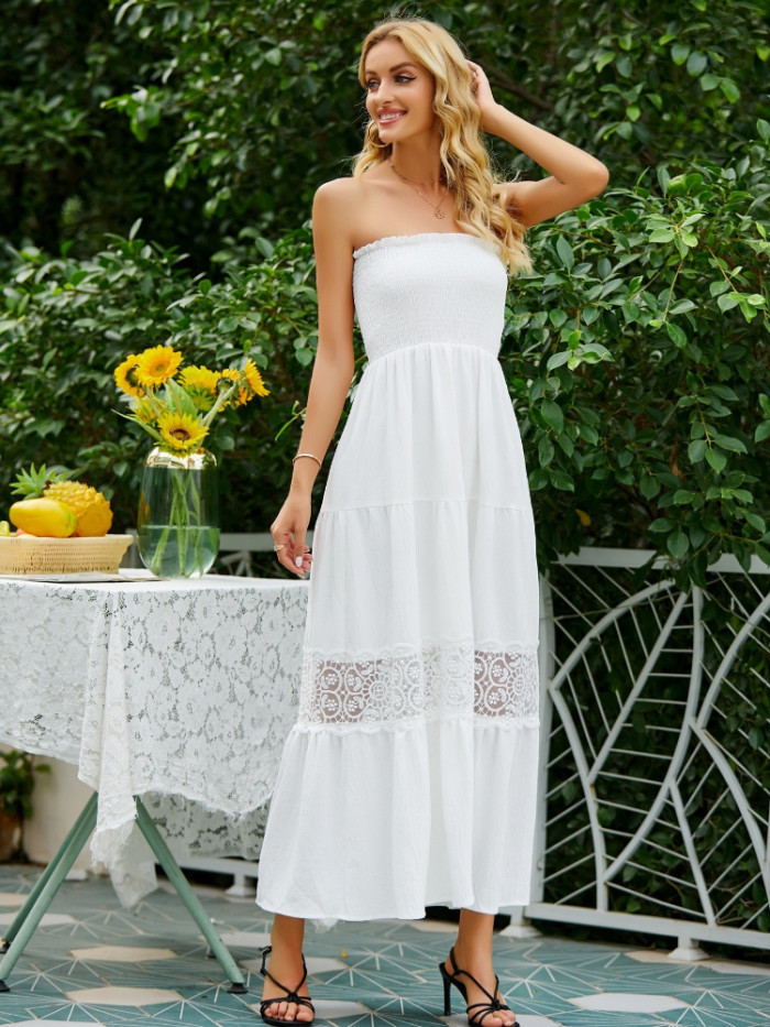 Lace Cut Out Sleeveless Elegant Solid Color Off Shoulder White Maxi Dress