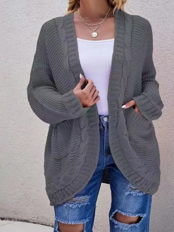 Women's Long Sleeve Solid Color Front Cable Mid Length Cardigan Sweater