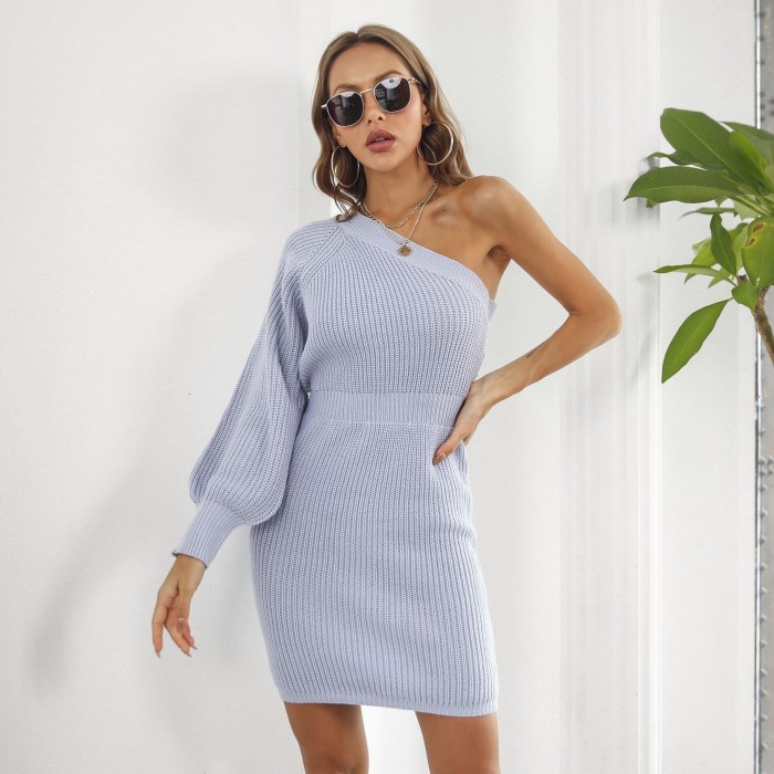 Knit Sweater One Shoulder Long Sleeve Wool Dress