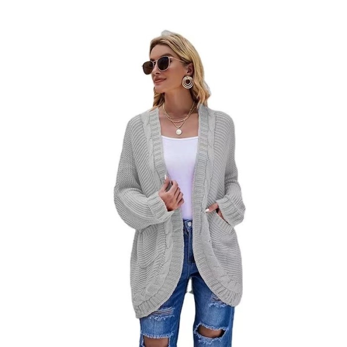 Women's Long Sleeve Solid Color Front Cable Mid Length Cardigan Sweater