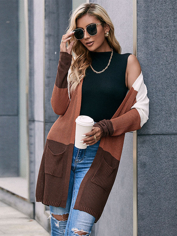 Knit Long Sleeve Color Block Cardigan Sweater