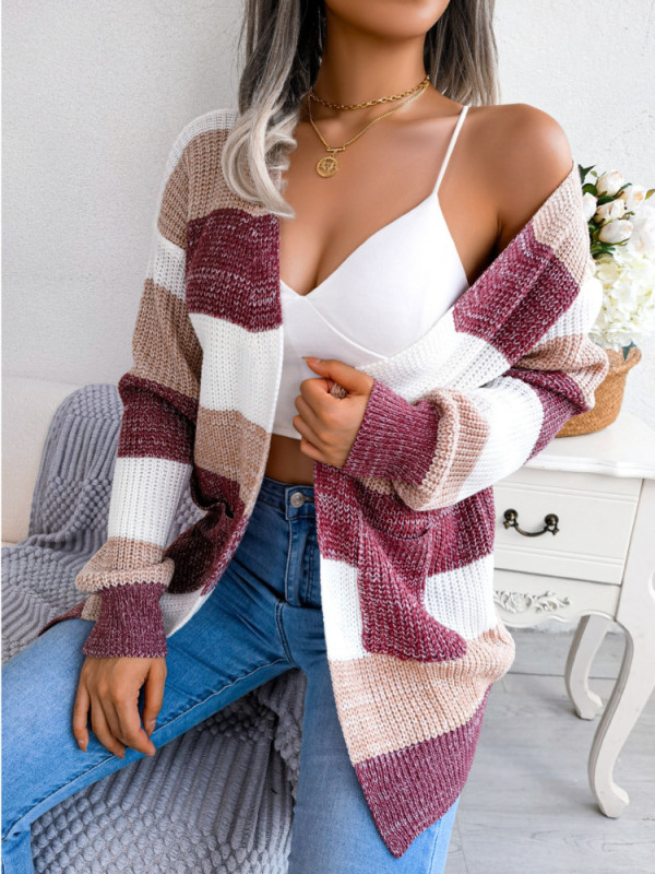 Casual Knitted Color Contrast Striped Lantern Sleeve Cardigan Sweater Coat