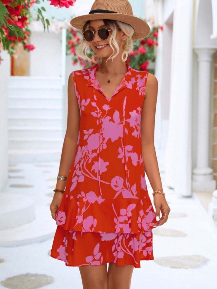 Trendy Floral Print Party Sleeveless Ruffle Boho Mini Dress