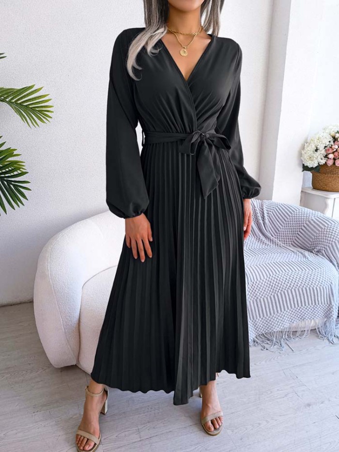 Elegant Spring Pleated Long Sleeve V Neck Maxi Dress