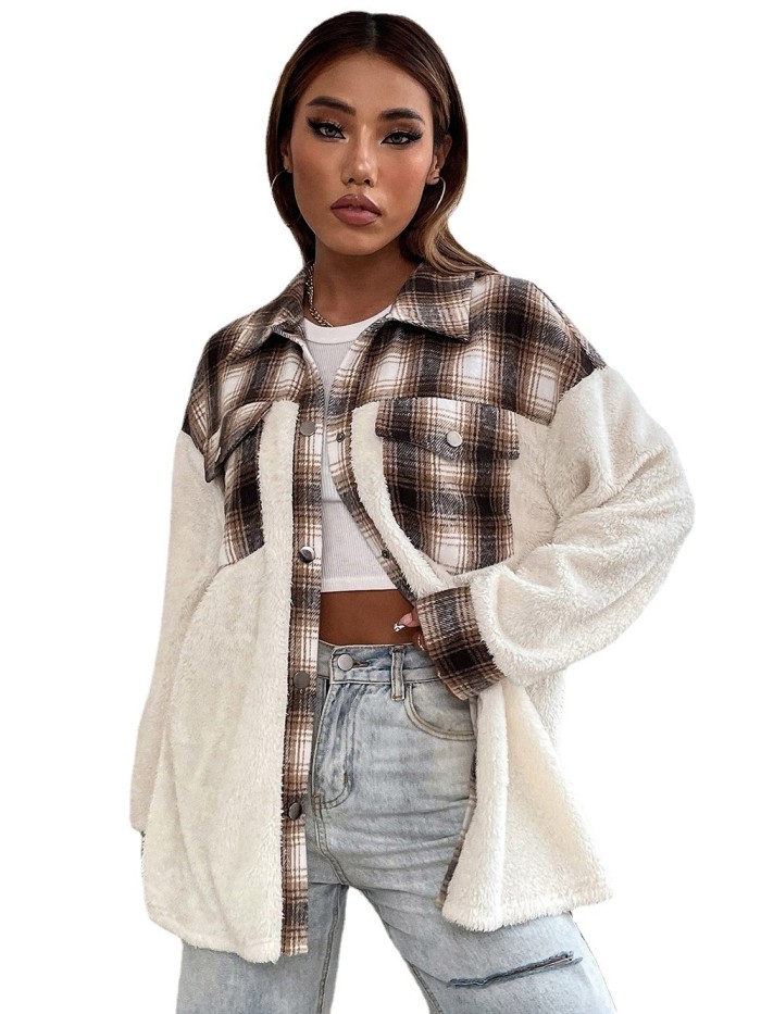 Women Lapel Single Breasted Contrast Plaid Plush Jackets Coat