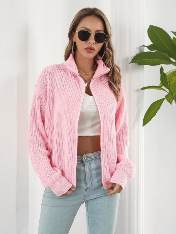 Zipper Knitted Sweater High Neck Loose Knit Cardigan