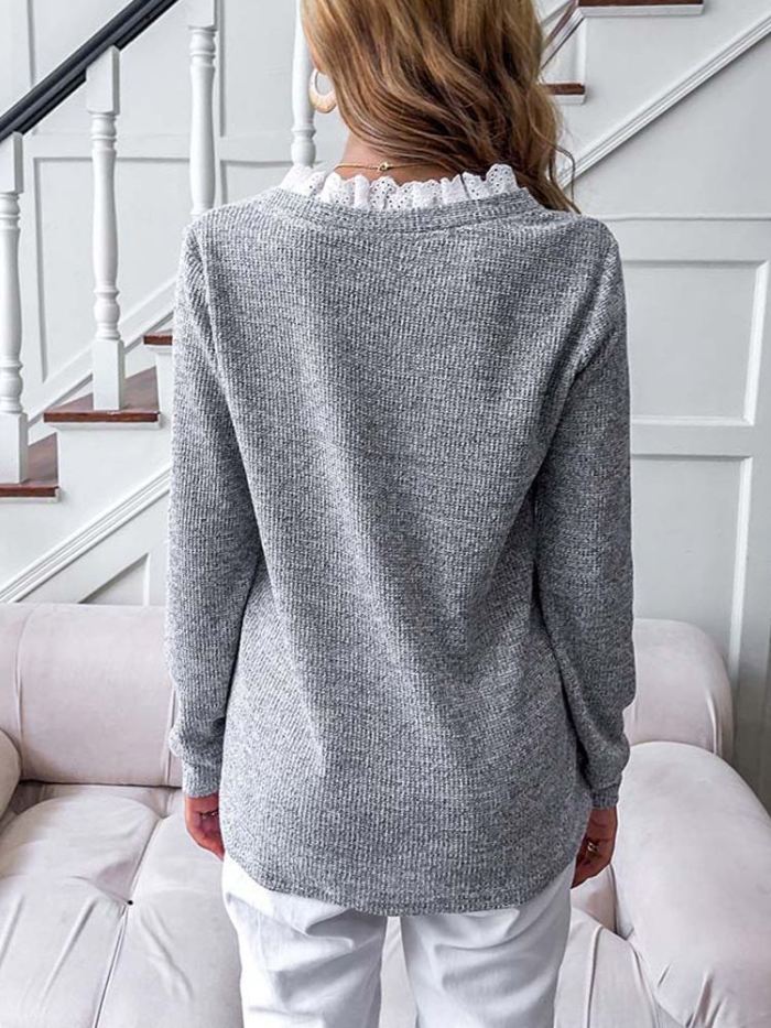 Long Sleeve Lace Knitted V Neck Loose Sweater