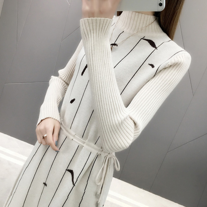 Fashion Knitted Pullovers Half Turtleneck Long Sleeve Sweater Dress