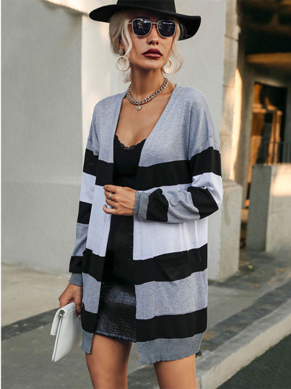 Knitted Cardigan Sweater Wear Long Sleeved Striped Sweater Cardigan