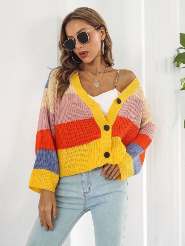Women's Knitted Color Contrast Rainbow Stripe Sweater Loose Cardigan Coat