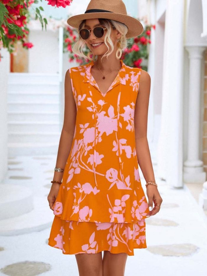 Trendy Floral Print Party Sleeveless Ruffle Boho Mini Dress