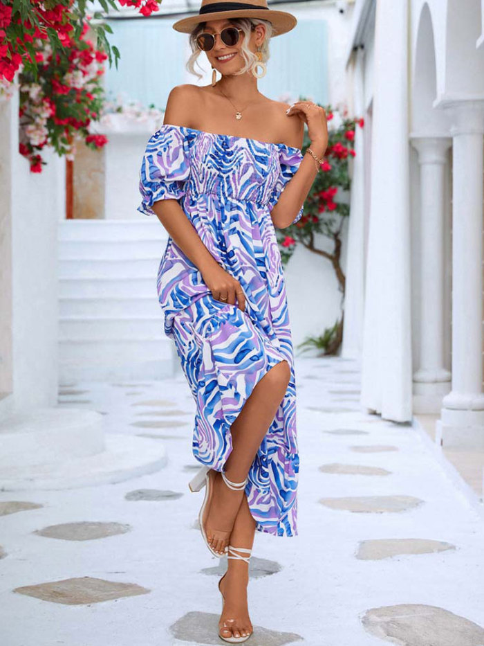 Women Elegant Party Off Shoulder Floral Print Maxi Boho Dress