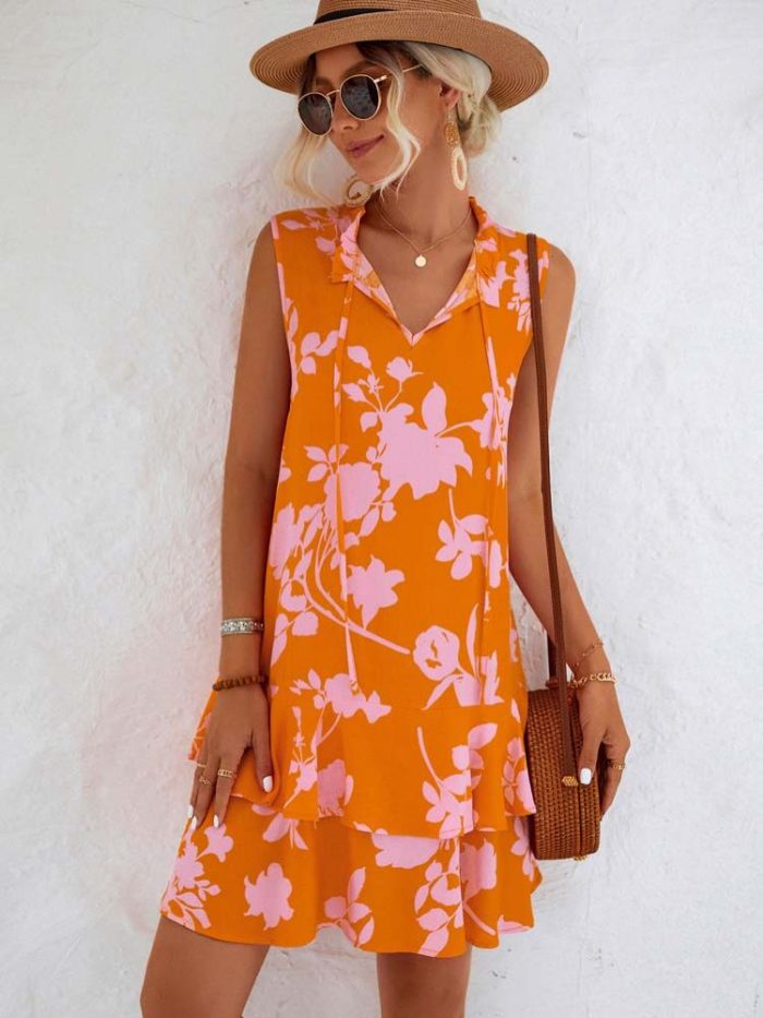 Trendy Floral Print Party Sleeveless Ruffle Boho Mini Dress