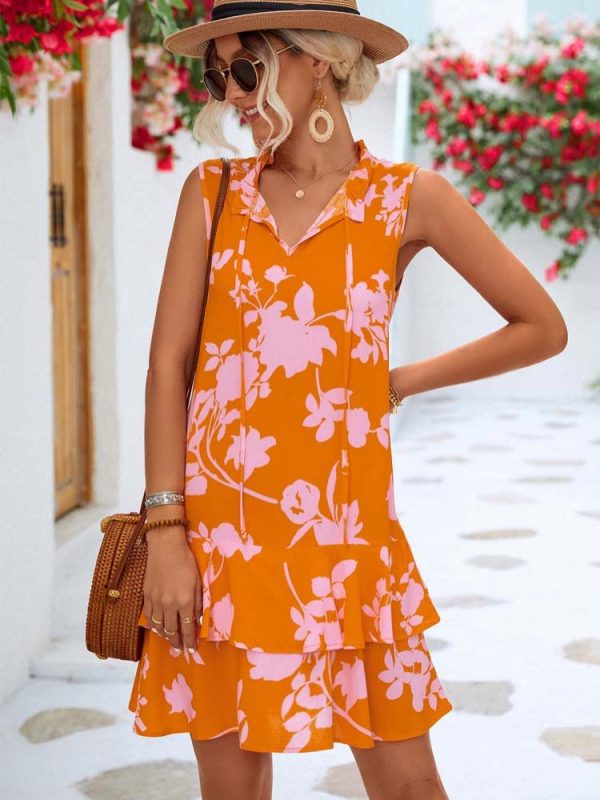 Trendy Floral Print Party Sleeveless Ruffle Boho Mini Dress