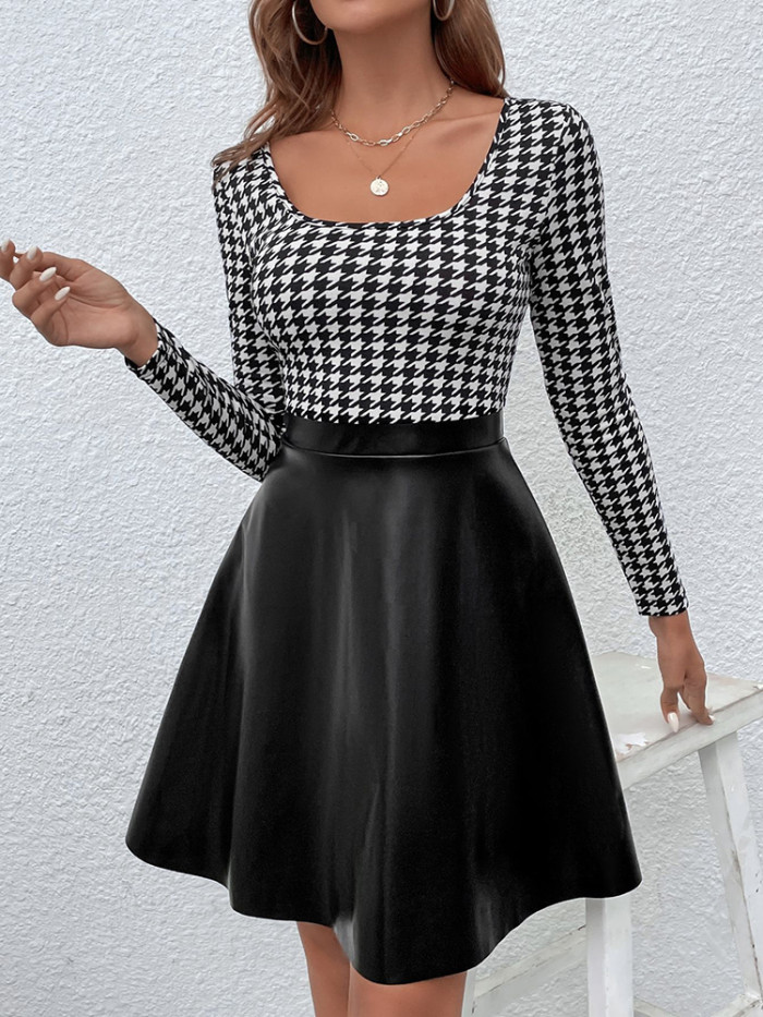 Elegant Black Square Collar Faux Leather Casual Fashion Dress