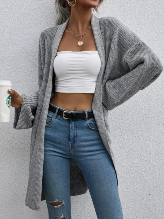Casual Long Women's Tops Retro Loose Sweater Solid Color Knitted Cardigan