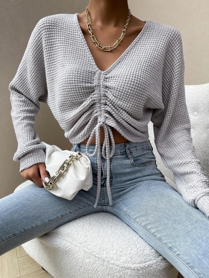 Knitwear V-neck Drawcord Solid Color Sexy Sweater
