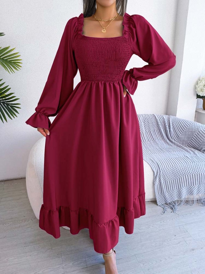 Elegant Party Square Neck Ruffle Long Sleeve Maxi Dress