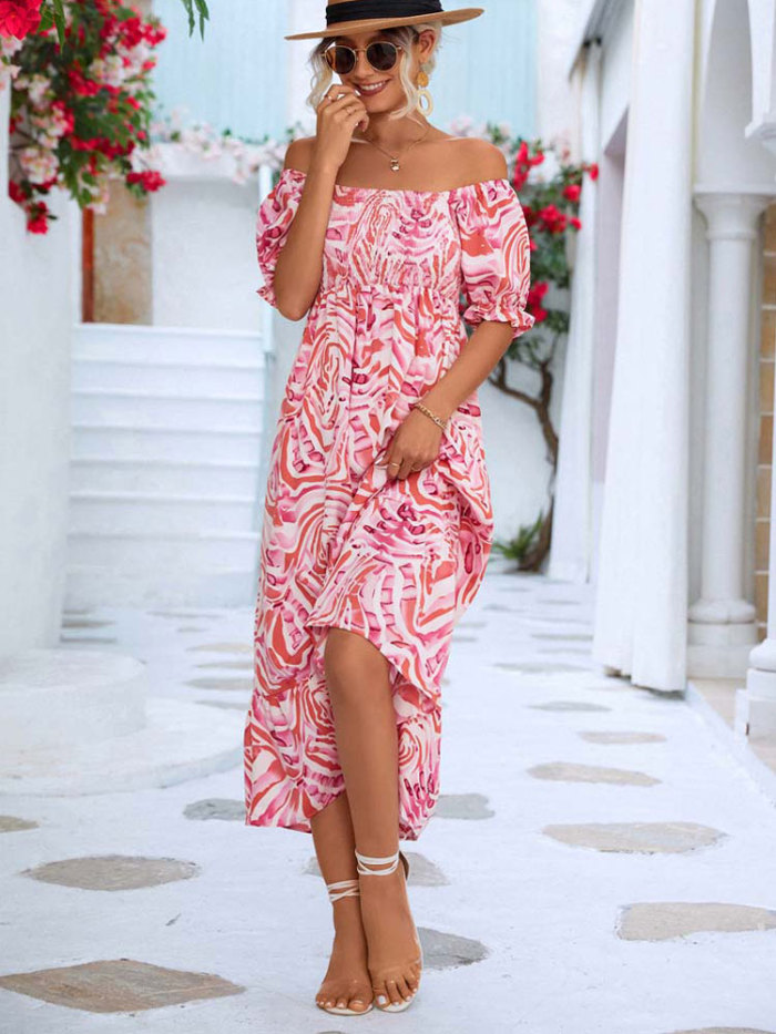 Women Elegant Party Off Shoulder Floral Print Maxi Boho Dress